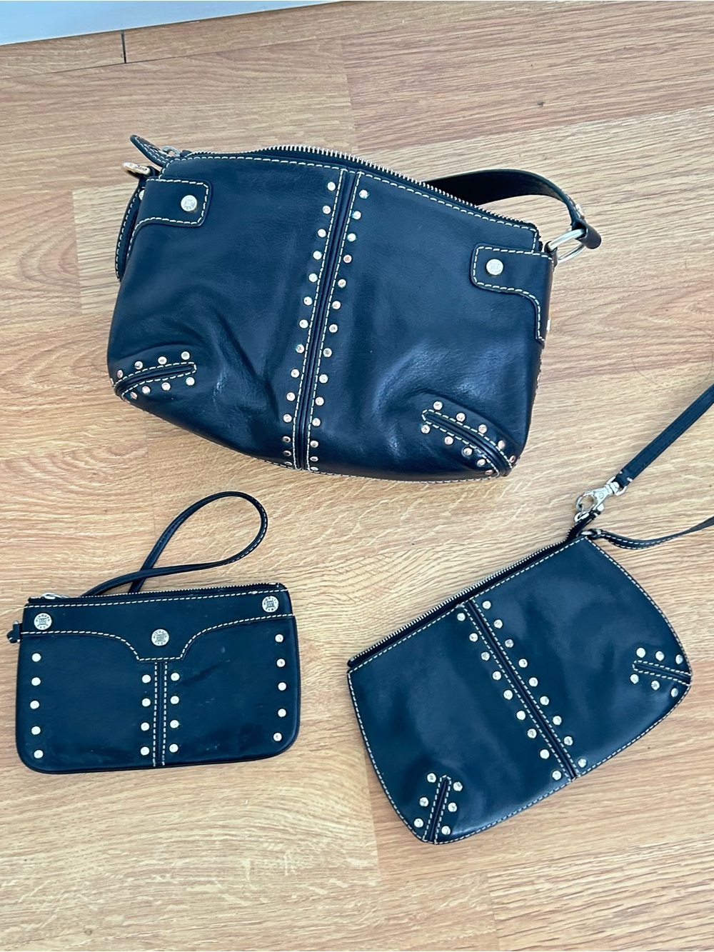 Michael Kors Black Leather Studded 3-Piece Shoulder & Wristlet Set